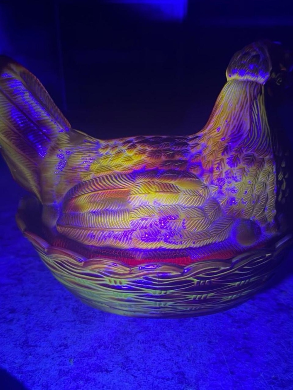 Vintage Amberina Glass Hen on Nest Glass Trinket Candy Dish - UV Reactive Glows